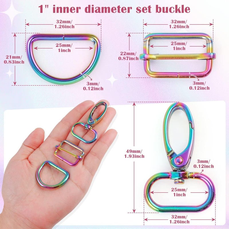 PECMER Rainbow Swivel Hardware Buckles D Ring Clasp Set 1" Lanyard Snap Hooks 18 Pcs Purse Bag Making Hardware for Purses Straps Bag Keychain DIY Craft Project 25mm - Image 2